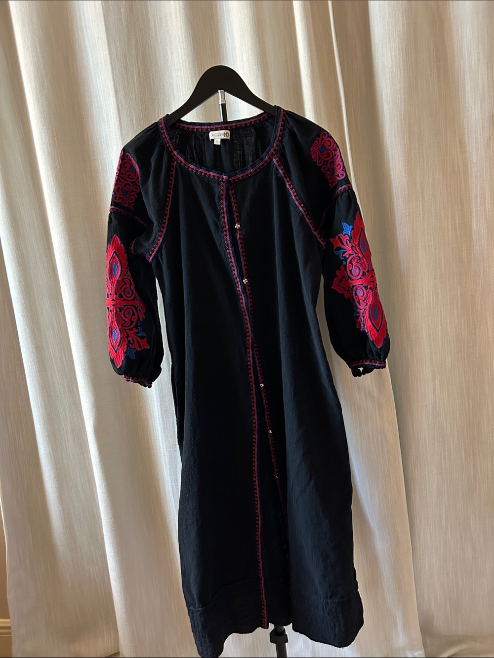 Black Velzera Embroidered Long Sleeve 100% Cotton Midi with Red/Blue Embroidery